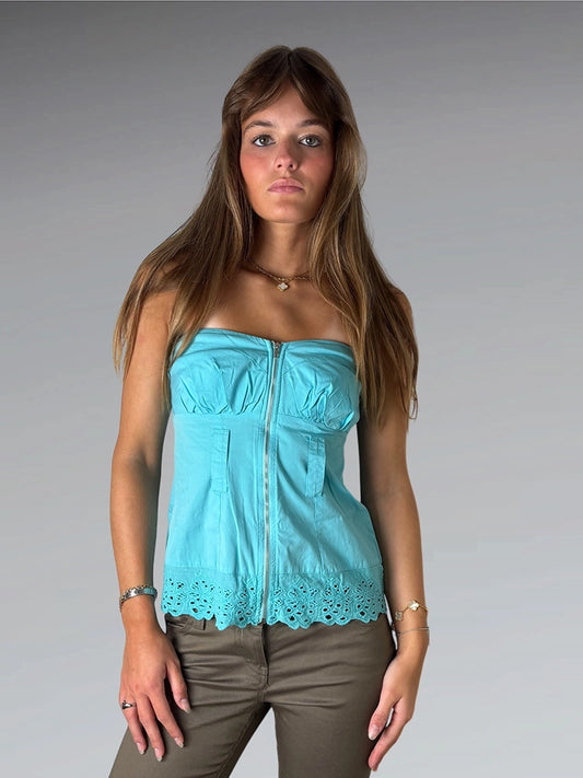 front view, Bebe Turquoise Eyelet Hem Zipper Corset Top, vintage Y2K second hand piece