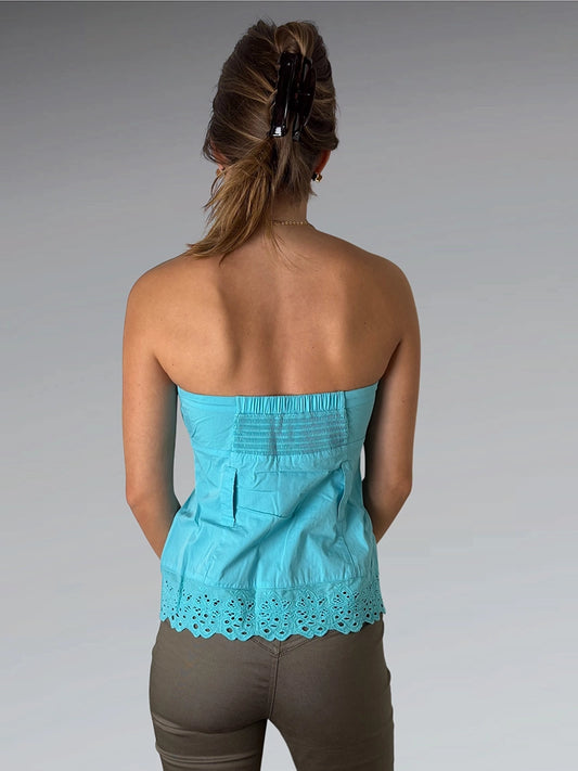 back view, Bebe Turquoise Eyelet Hem Zipper Corset Top, vintage Y2K second hand piece