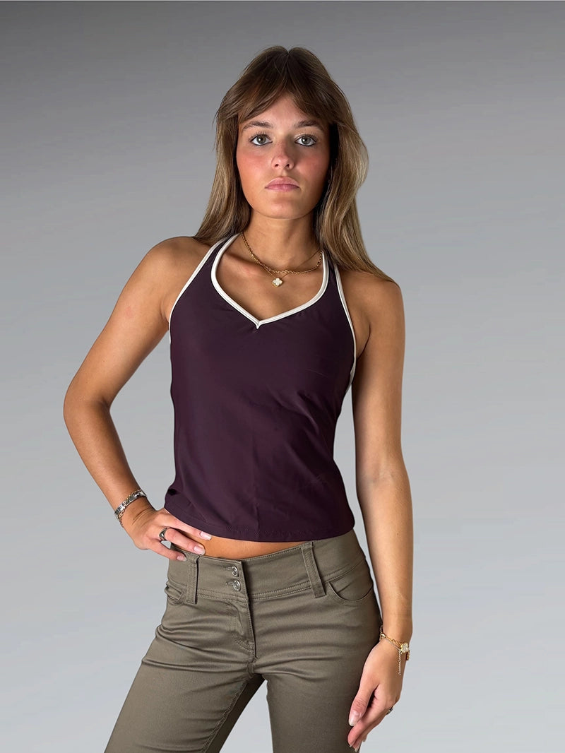 front view, Cherokee Purple and Black Halter Bikini Top, vintage Y2K second hand piece