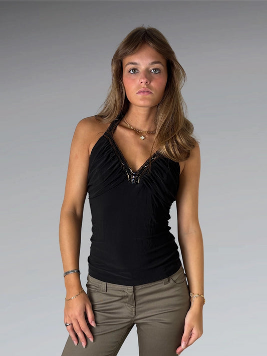 front view, Black Halter Top with Stone Embellished Neckline, vintage Y2K second hand piece