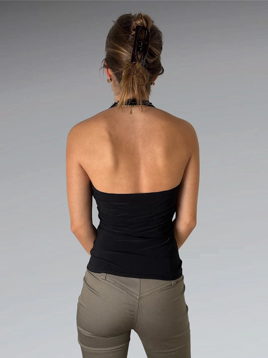 back view, Black Halter Top with Stone Embellished Neckline, vintage Y2K second hand piece