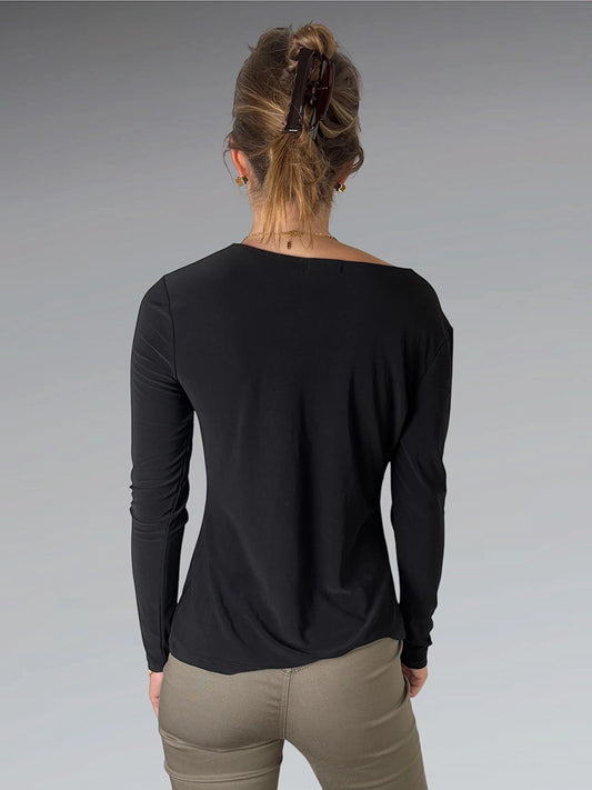 back view, Halogen Minimal Knot-Front Long Sleeve Top in Black, vintage Y2K second hand piece