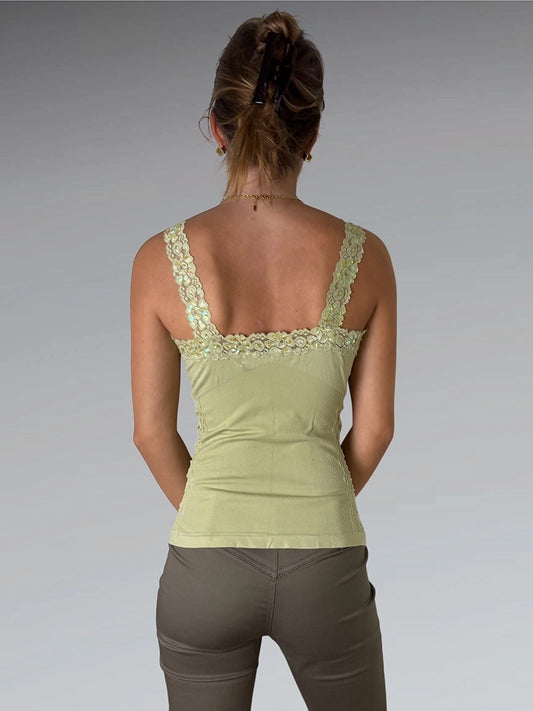 back view, Light Green Ruched Floral Sequin Strap Top, vintage Y2K second hand piece