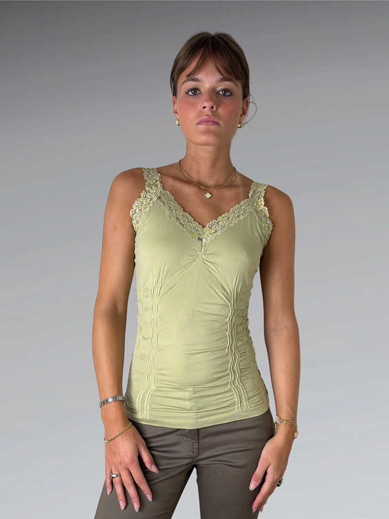 front view, Light Green Ruched Floral Sequin Strap Top, vintage Y2K second hand piece