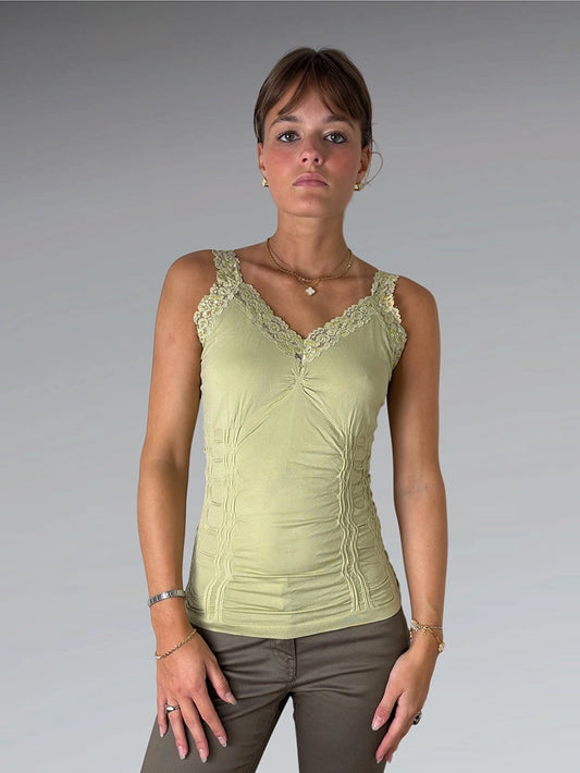 front view, Light Green Ruched Floral Sequin Strap Top, vintage Y2K second hand piece