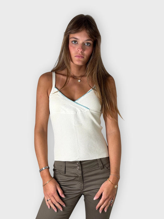front view, Guess Collection Beige Knit Tank Top with Blue Trim, vintage Y2K second hand piece