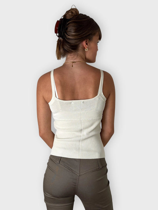 back view, Guess Collection Beige Knit Tank Top with Blue Trim, vintage Y2K second hand piece