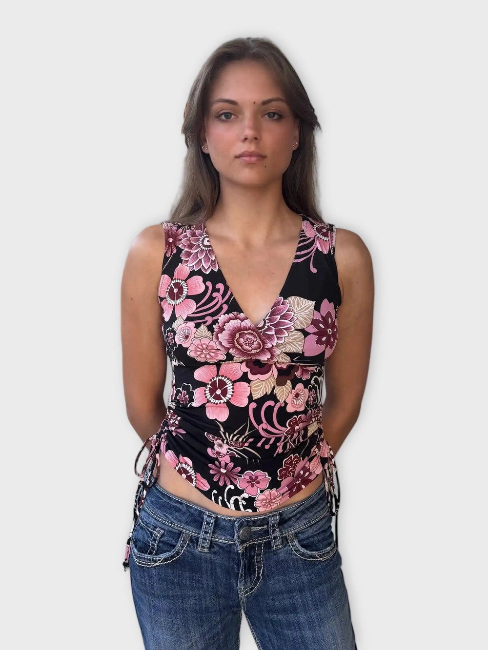 front view, A.Byer Floral Ruched Top, vintage Y2K second hand piece
