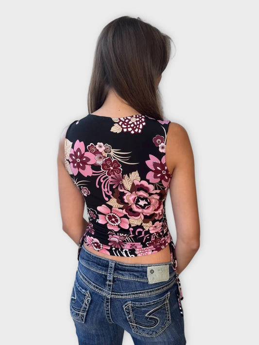 back view, A.Byer Floral Ruched Top, vintage Y2K second hand piece