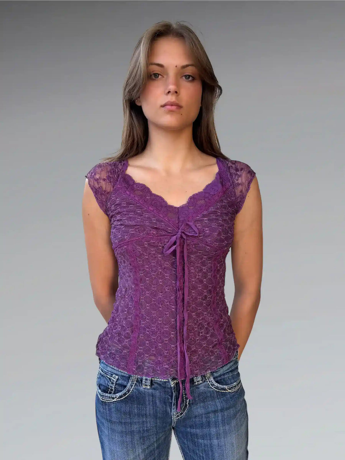 front view, Velvet Orchid Tie Top, vintage Y2K second hand piece