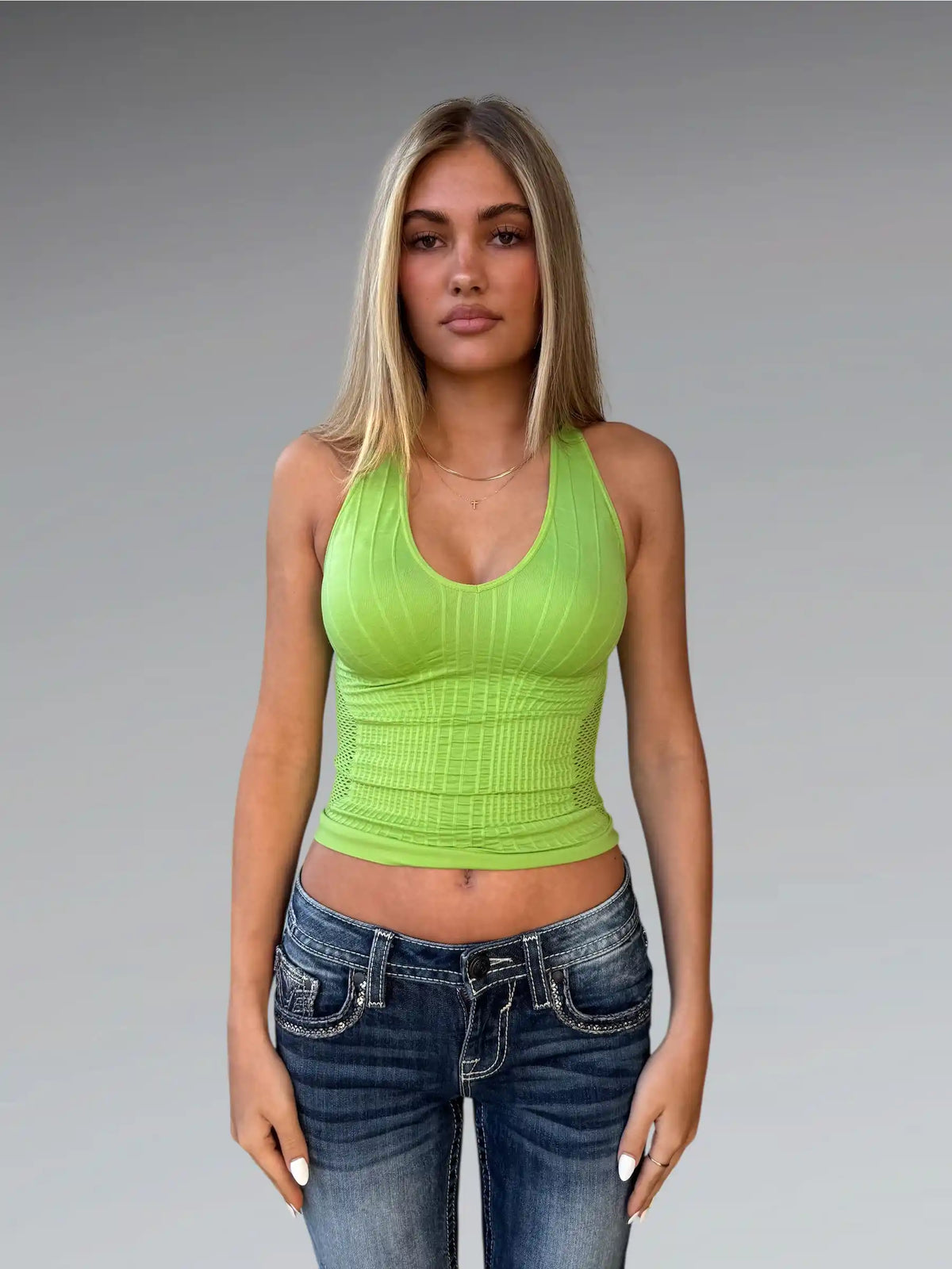 front view, Fire Los Angeles Halterneck Mesh Top in Neon Lime, vintage Y2K second hand piece