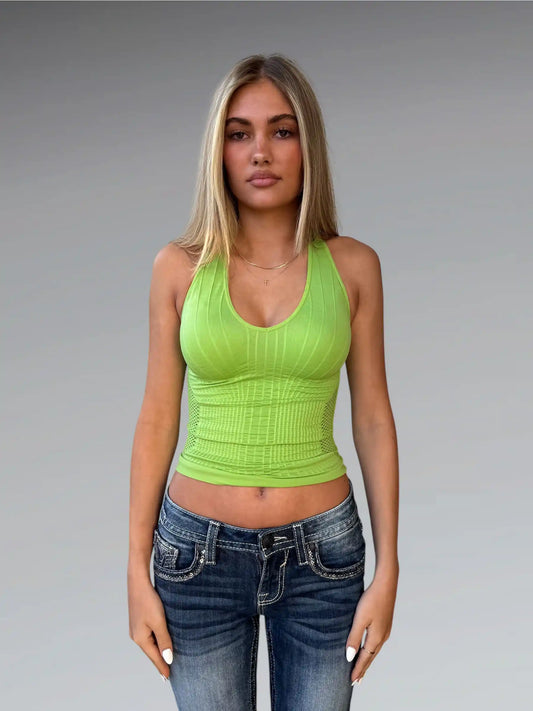 front view, Fire Los Angeles Halterneck Mesh Top in Neon Lime, vintage Y2K second hand piece