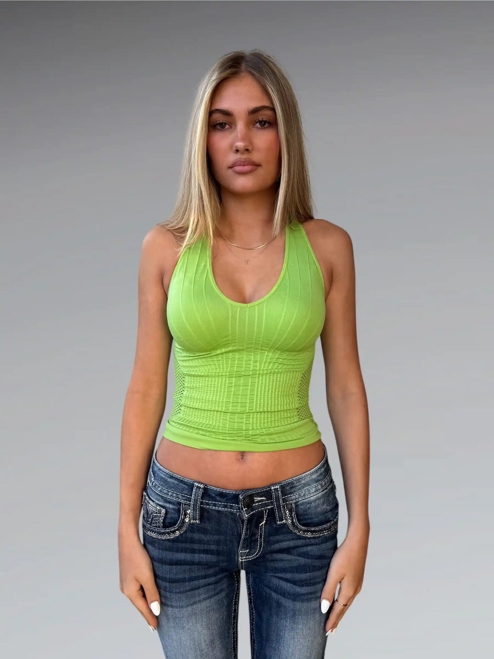 front view, Fire Los Angeles Halterneck Mesh Top in Neon Lime, vintage Y2K second hand piece