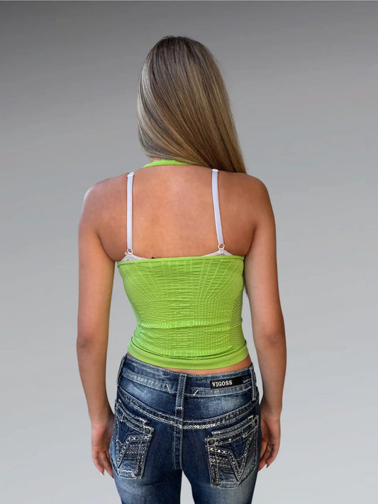 back view, Fire Los Angeles Halterneck Mesh Top in Neon Lime, vintage Y2K second hand piece