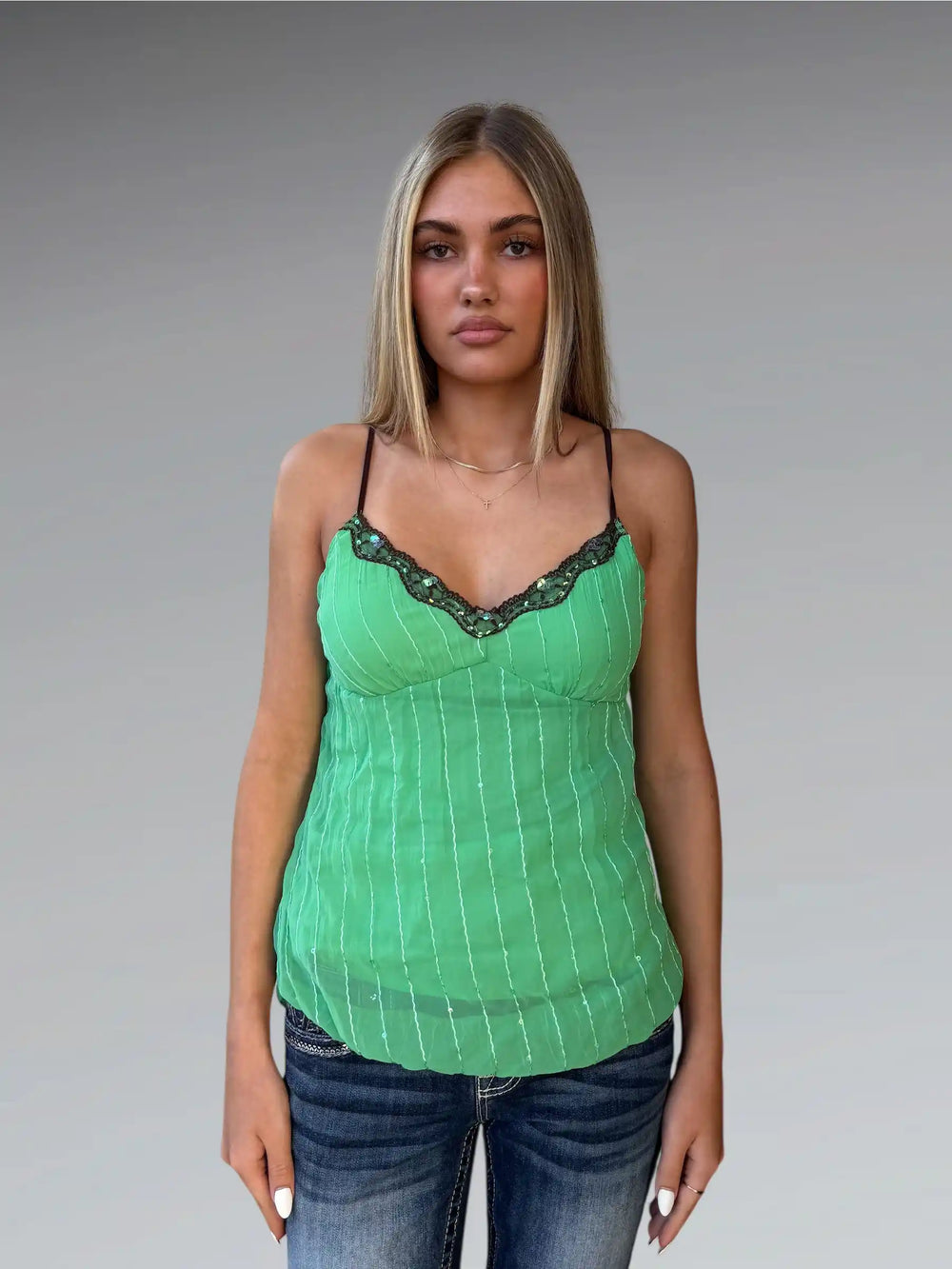 front view, Sequin Spaghetti Top, vintage Y2K second hand piece