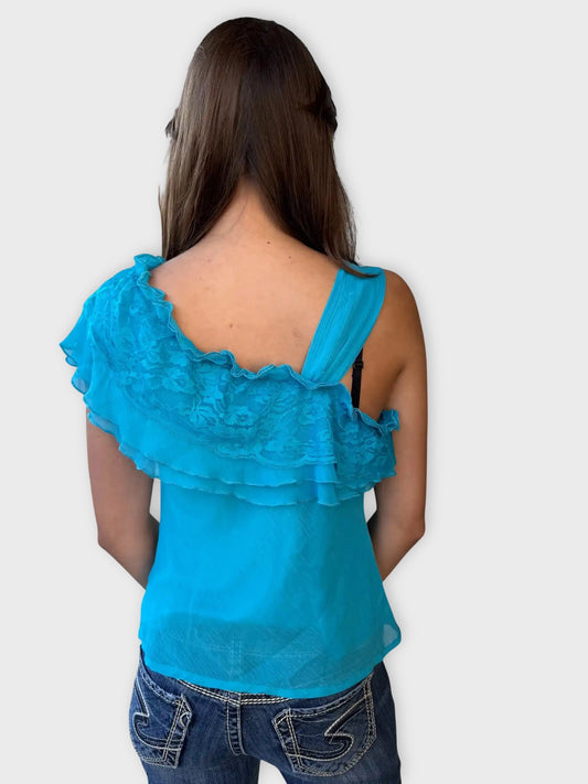 back view, Cato Aqua Ruffle One-Shoulder, vintage Y2K second hand piece