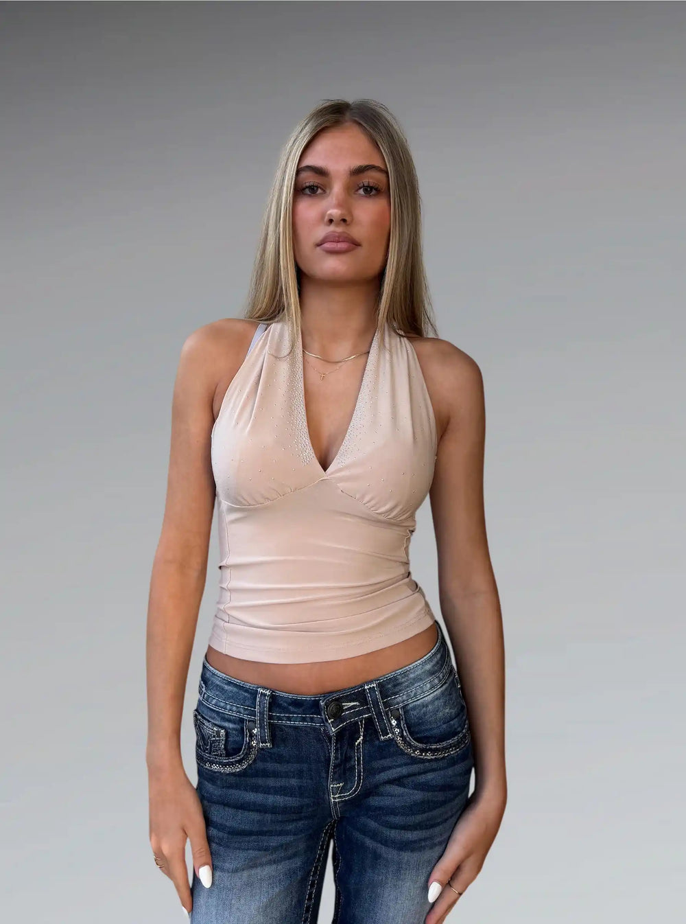 front view, Beige Rhinestone Halter Neck Top, vintage Y2K second hand piece