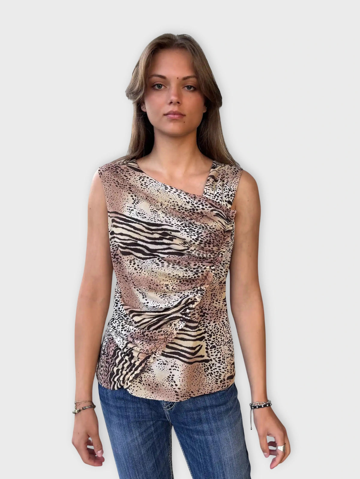 front view, Cato Animal Print Ruffle Vintage Top, vintage Y2K second hand piece
