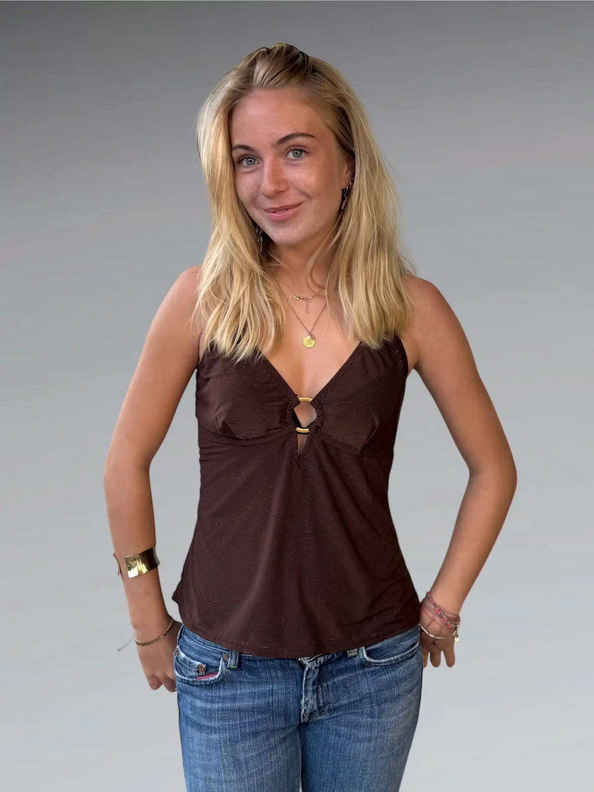 front view, Brown Ring Detail Y2K Halter Top, vintage Y2K second hand piece