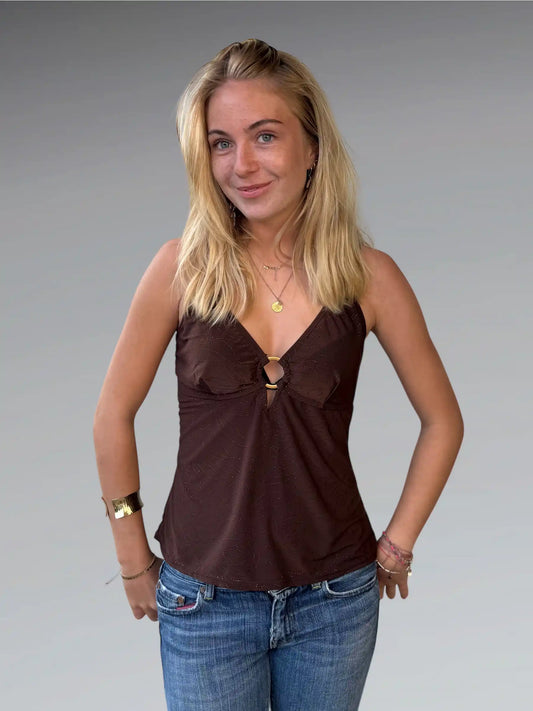 front view, Brown Ring Detail Y2K Halter Top, vintage Y2K second hand piece