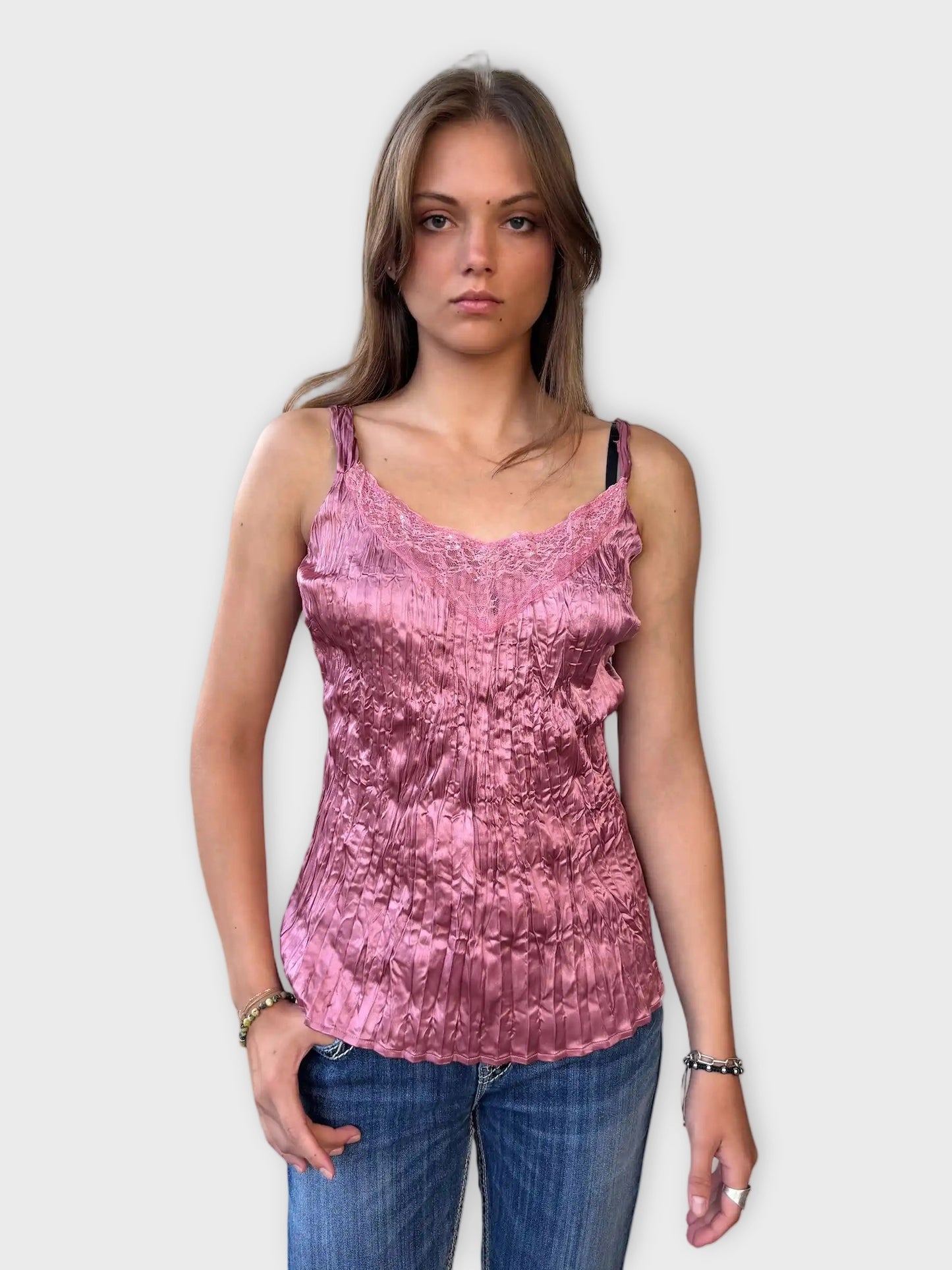 front view, Rosé Pleated Lace Camisole, vintage Y2K second hand piece