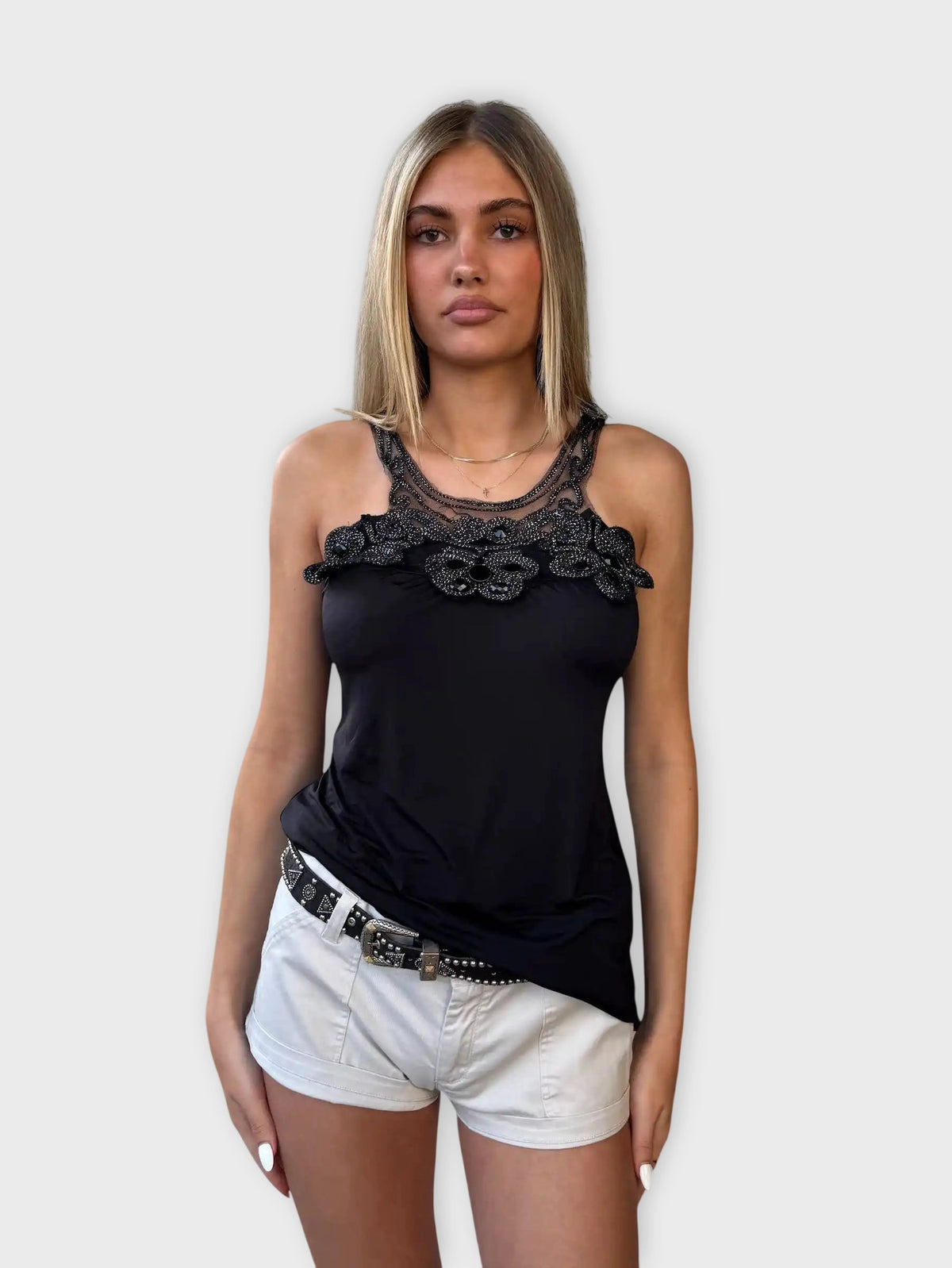 front view, Finesse Black Beaded Floral Camisole, vintage Y2K second hand piece