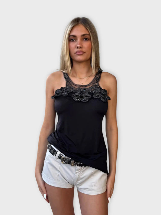 front view, Finesse Black Beaded Floral Camisole, vintage Y2K second hand piece