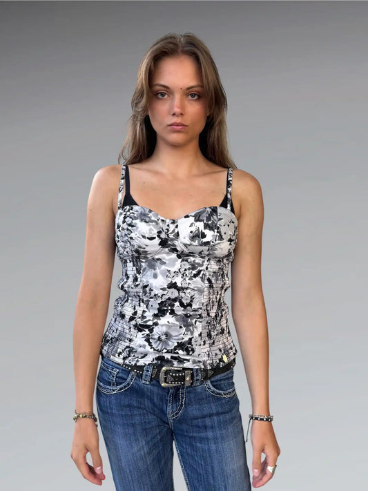 front view, INC Beige black baroque print top, vintage Y2K second hand piece