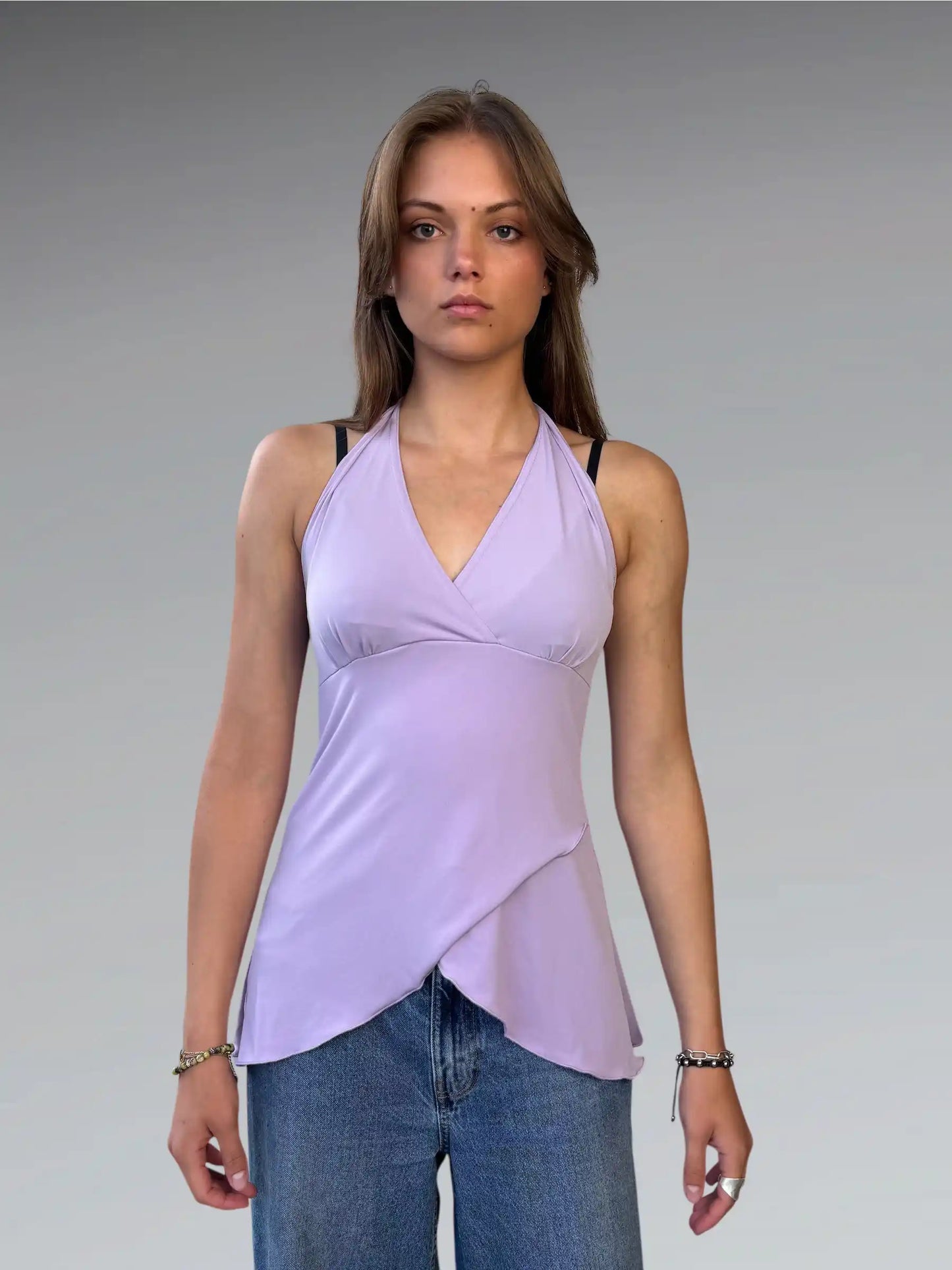 front view, Byer California Lilac Satin Wrap Halter Top, vintage Y2K second hand piece
