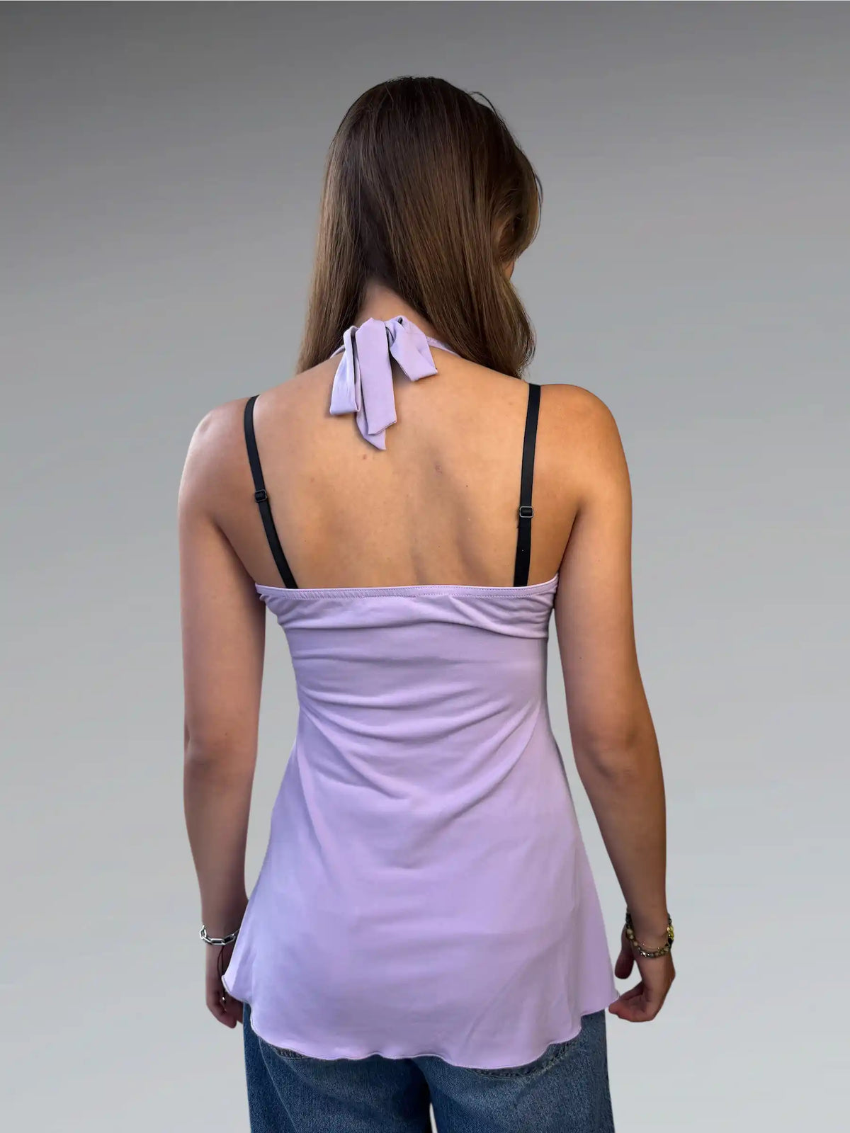 back view, Byer California Lilac Satin Wrap Halter Top, vintage Y2K second hand piece