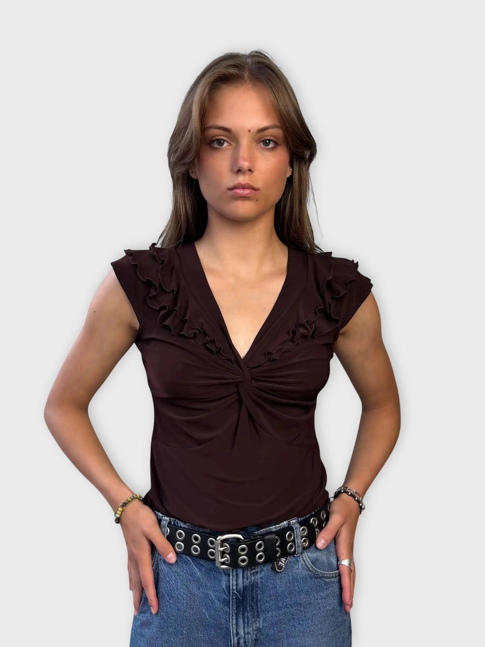 front view, Dressbarn Brown Ruffle Detail Blouse, vintage Y2K second hand piece