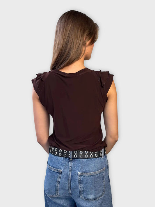 back view, Dressbarn Brown Ruffle Detail Blouse, vintage Y2K second hand piece