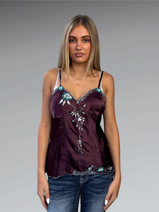 front view, Hotkiss Dark purple flower detail top, vintage Y2K second hand piece