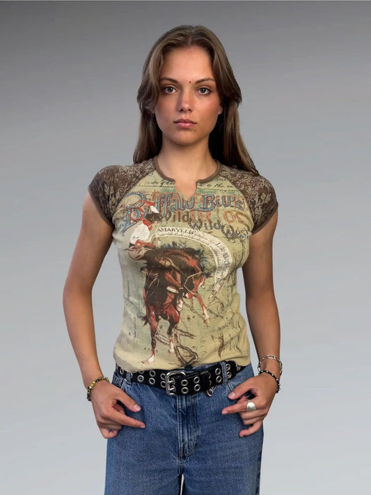 front view, Skinny Minnie Rhinestone buffalos bills top, vintage Y2K second hand piece