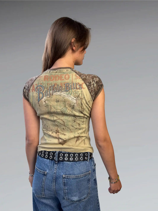 back view, Skinny Minnie Rhinestone buffalos bills top, vintage Y2K second hand piece