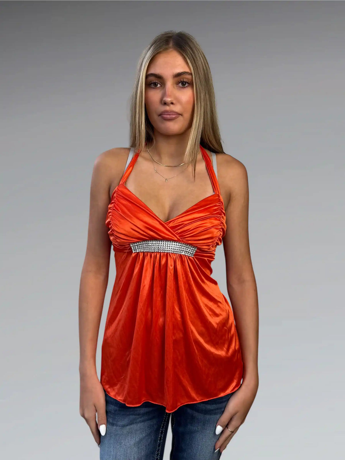 front view, Jessica Beige satin halter top with black ribbon, vintage Y2K second hand piece