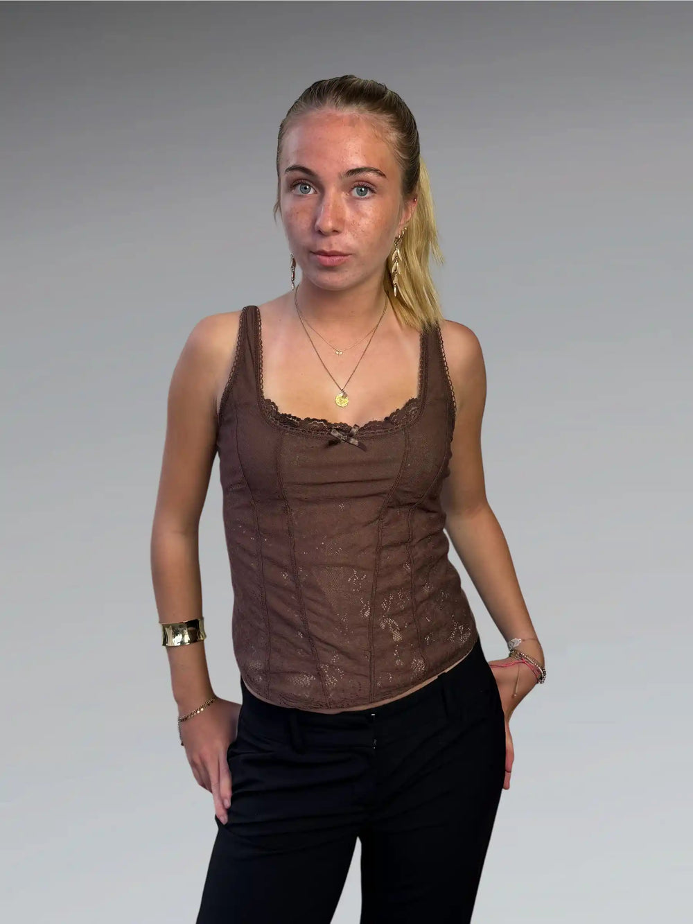 front view, New York & Company Golden Lace Corset Camisole, vintage Y2K second hand piece