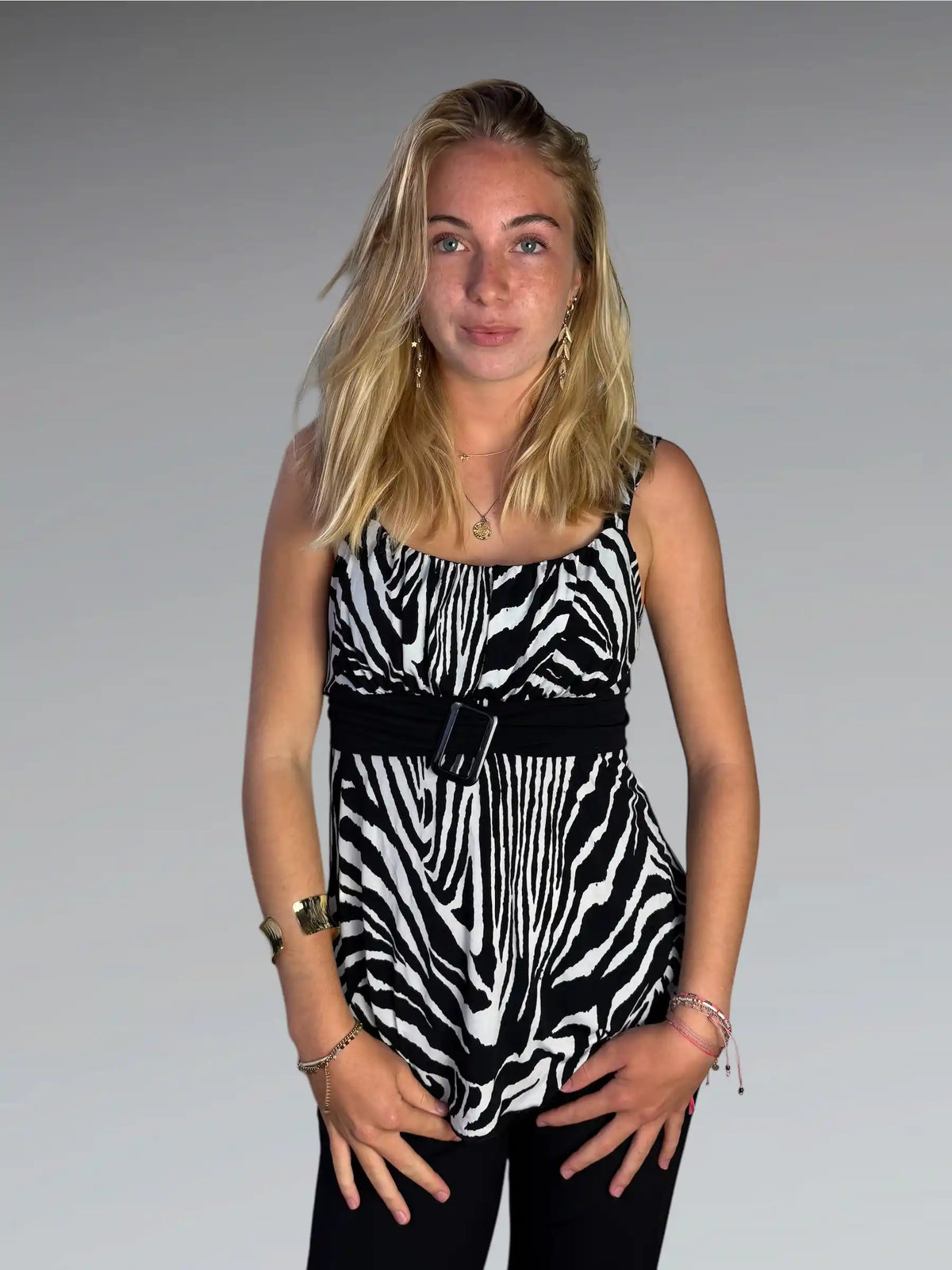 front view, Zebra Print Belted Tunic Top, vintage Y2K second hand piece