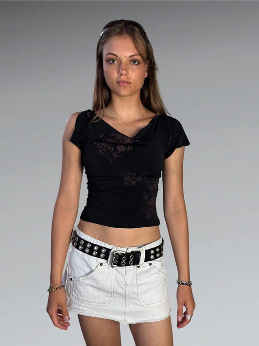 front view, Xi Black Japanese Floral Drape Top, vintage Y2K second hand piece