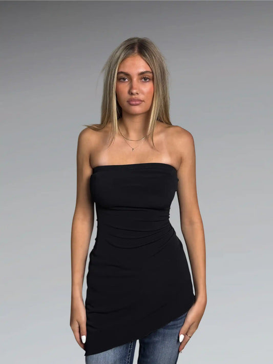 front view, Body Wrappers Minimalist Black Asymmetric Strapless Top, vintage Y2K second hand piece