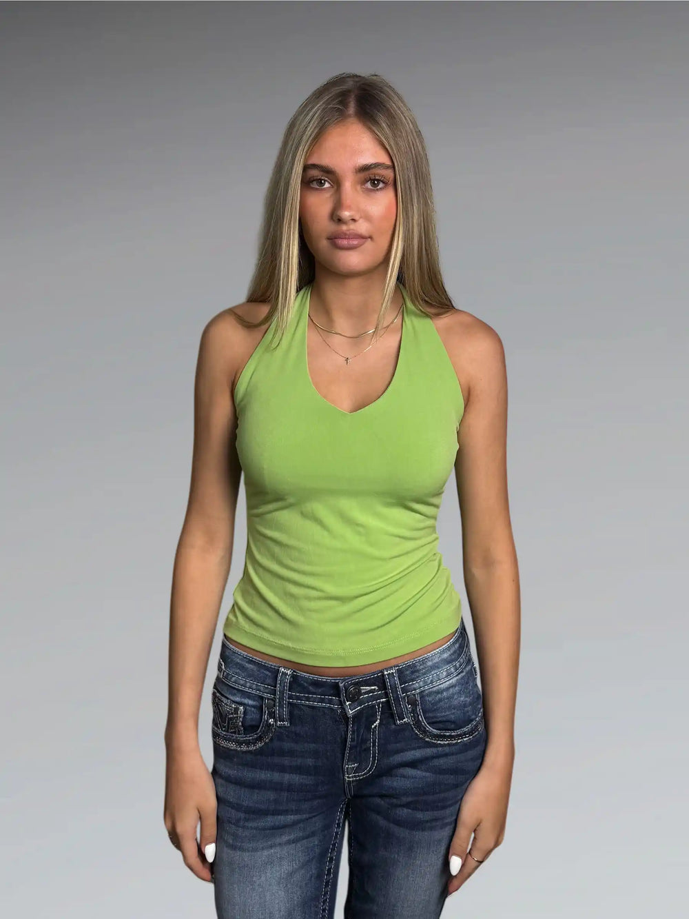 front view, Suzy Lime Halter Neck Vintage Top, vintage Y2K second hand piece