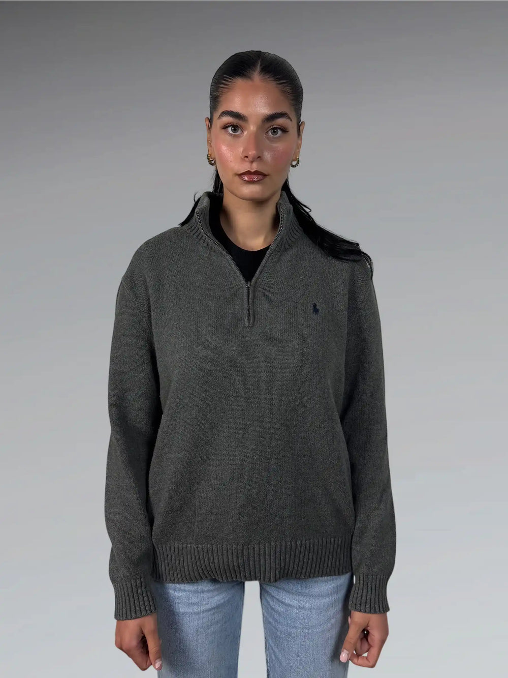 front view, Polo Ralph Lauren Grey Half-Zip Vintage Sweater, vintage Y2K second hand piece