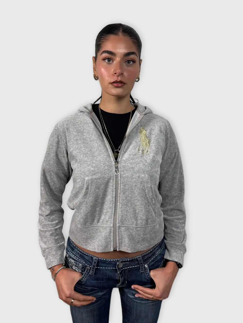 front view, Polo Ralph Lauren Grey Hoodie with Embroidered Polo Player, vintage Y2K second hand piece