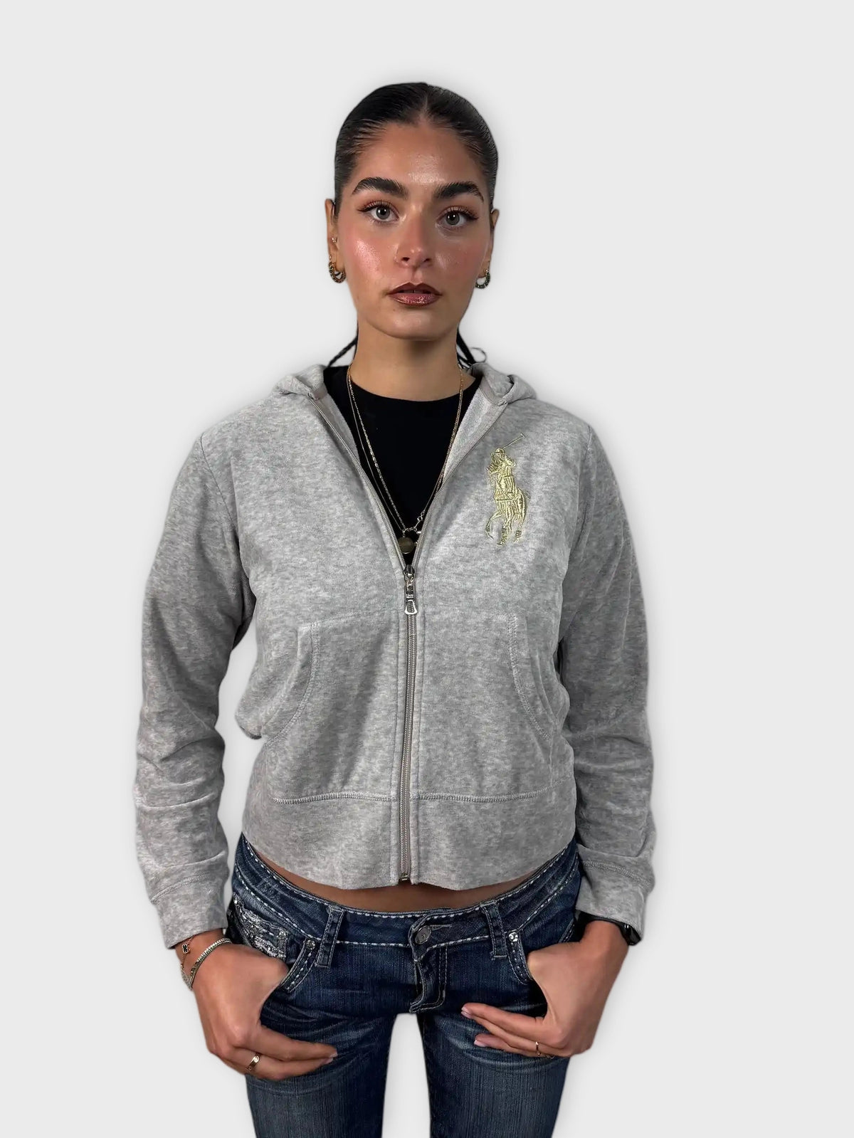 front view, Polo Ralph Lauren Grey Hoodie with Embroidered Polo Player, vintage Y2K second hand piece