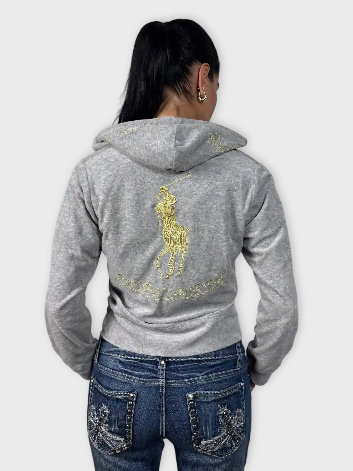 back view, Polo Ralph Lauren Grey Hoodie with Embroidered Polo Player, vintage Y2K second hand piece
