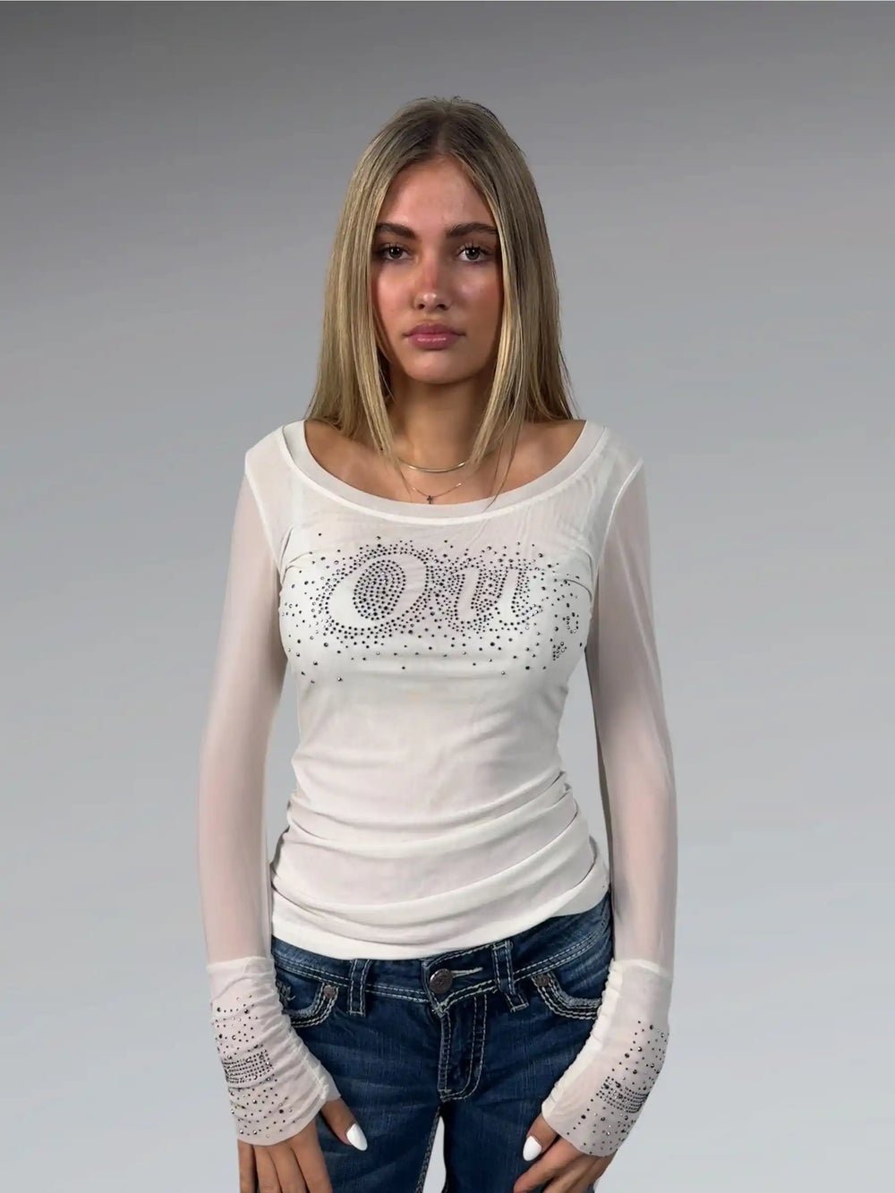 front view, Phido Beige Rhinestone Vintage Top, vintage Y2K second hand piece