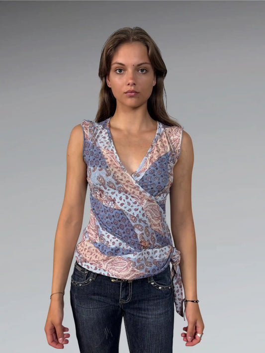 front view, Younique Beige Blue Paisley Wrap Top, vintage Y2K second hand piece
