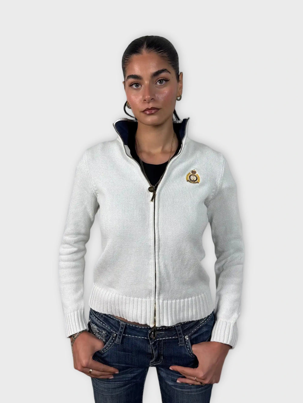 front view, White Polo Ralph Lauren Full-Zip Sweater with Crest Embroidery, vintage Y2K second hand piece