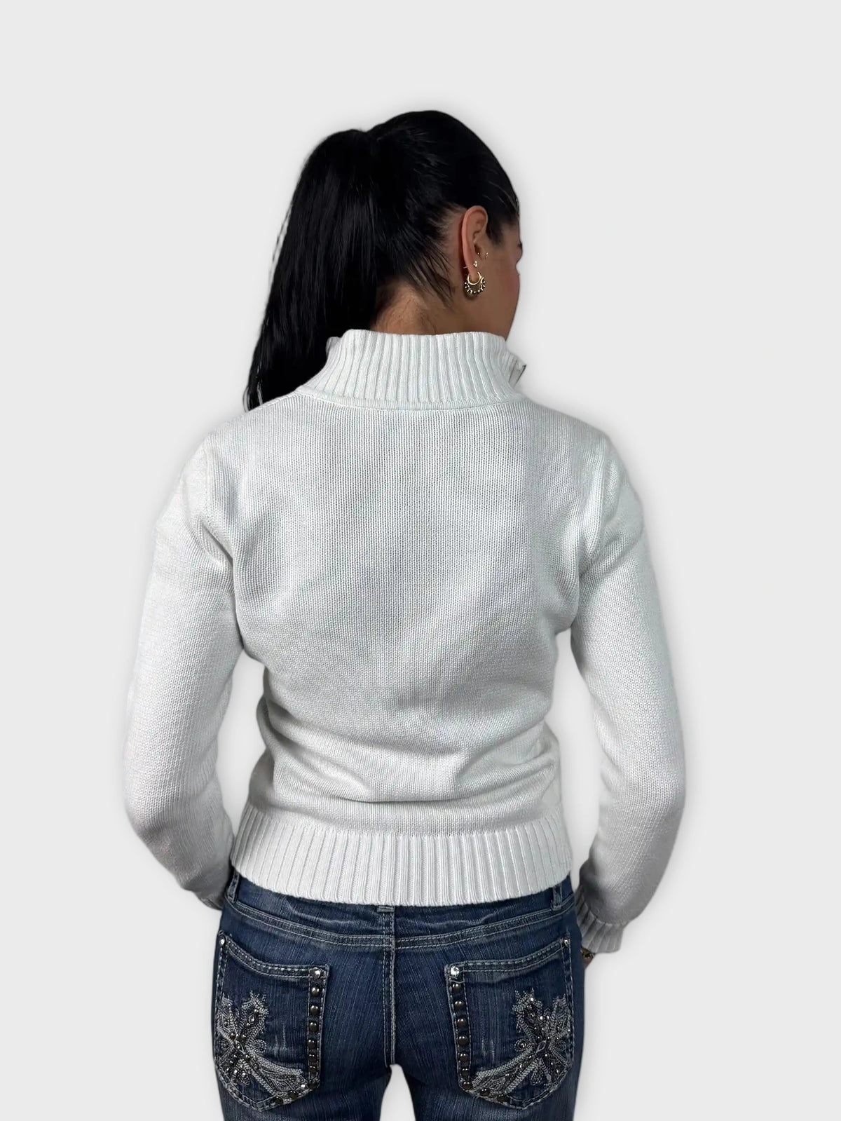 back view, White Polo Ralph Lauren Full-Zip Sweater with Crest Embroidery, vintage Y2K second hand piece