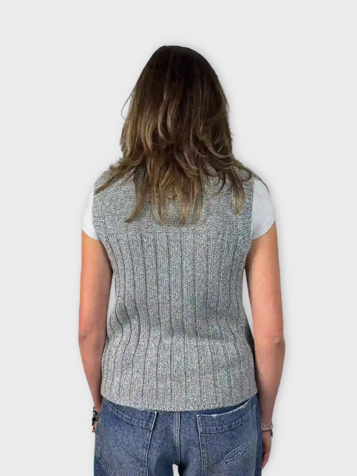 Grey Sleeveless Cable Knit Zip Vest (M)